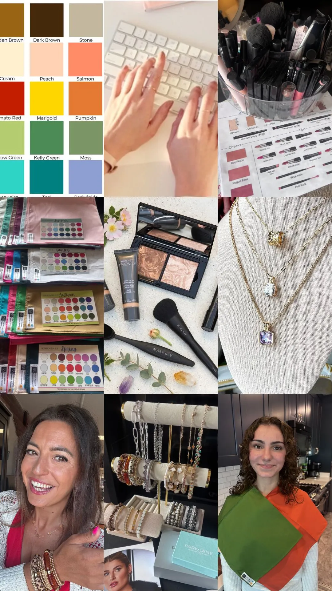 Complete the Look collage: skincare, color palette, makeup, and accessories